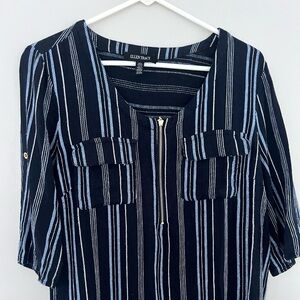 Ellen Tracy Navy and White Vertical Stripe Zip Top